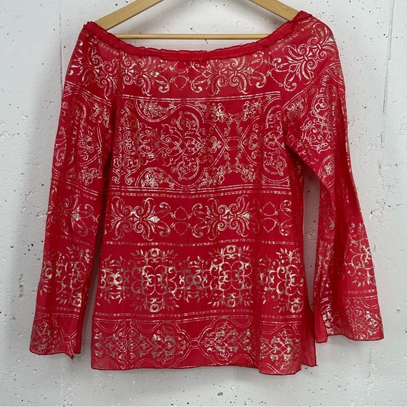 Hale Bob Women’s size XS Hot Pink & Gold Lightweight Peasant Blouse - Picture 8 of 12